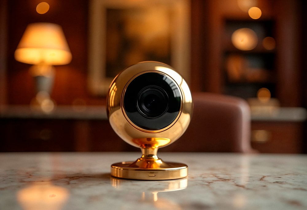 Caméra de surveillance dorée au design premium représentant l'évolution esthétique des caméras espion modernes dans un intérieur élégant