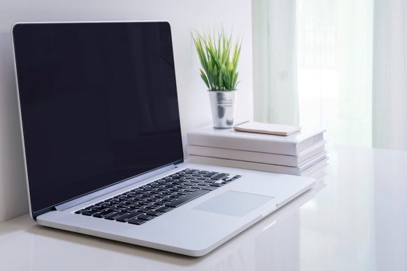 Un pc portable ouvert posé sur un bureau blanc avec des livres, un carnet et une plante.