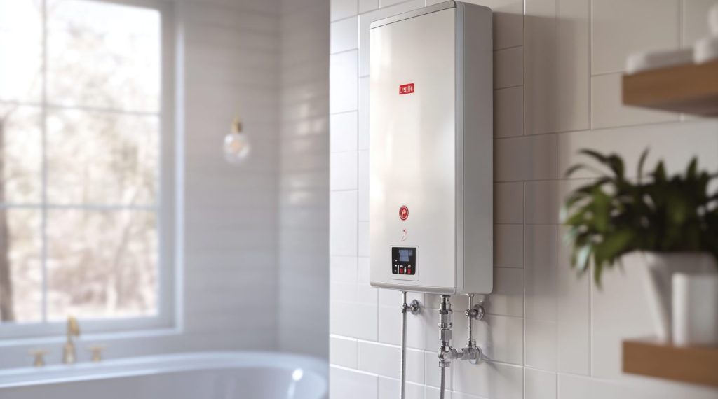 Une chaudière murale installée sur un mur carrelé blanc pour prévenir les risques monoxyde de carbone chauffage