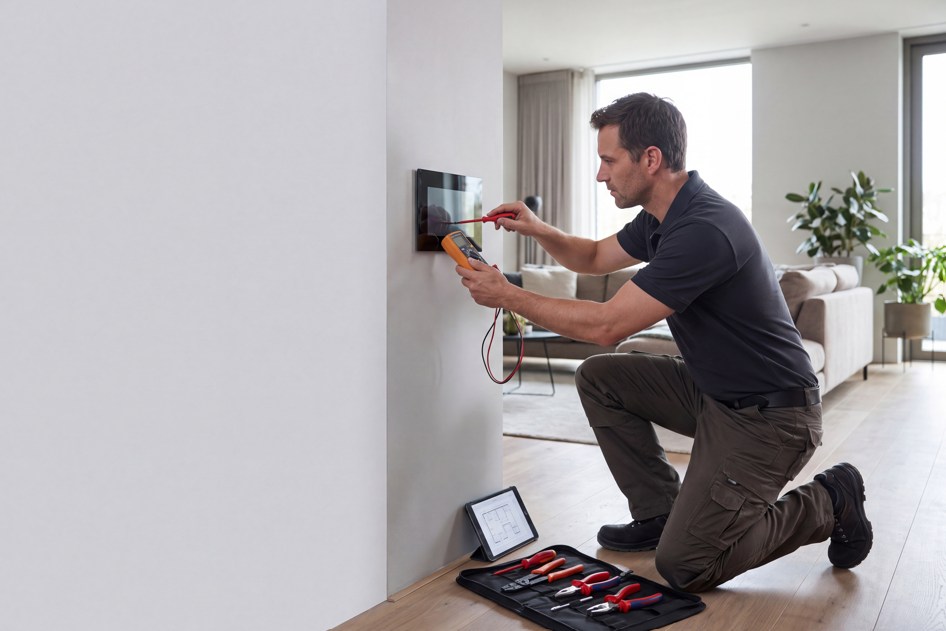 Un artisan électricien qualifié RGE installe un système de régulation thermique sur un mur.